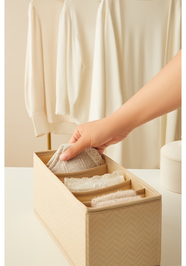 Ocean Home Textile 4'lü Bölmeli Bej Balıksırtı Çekmece İçi Düzenleyici Kutu Set
