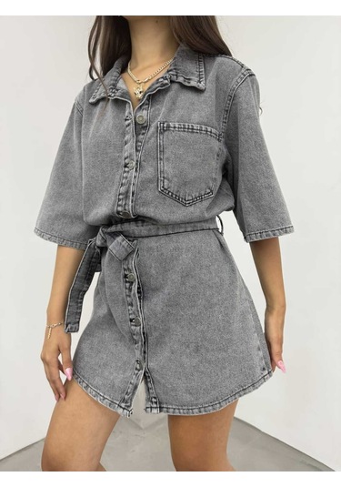 Shevega Kadın Füme Kuşakli Tek Cep Kısa Kot Elbise Füme
