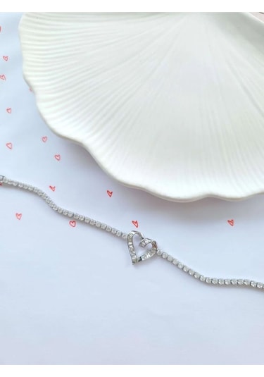Çelik Silver Kalpli Su Yolu Bileklik Sevgililer Günü Hediyesi Gümüş