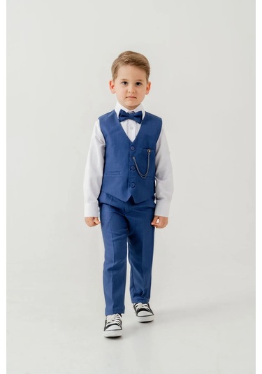 Erkek Çocuk Yelekli Slim Fit Takım Elbise 4 Parça Yelek, Pantolon, Gömlek, Papyon Te.7026 Saks Mavi
