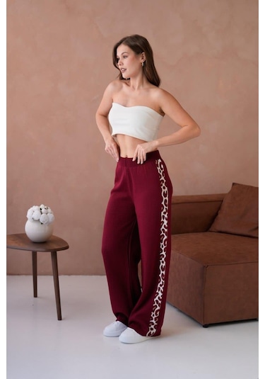 Relax Mode Kadın Leopar Şerit Detaylı Örme Pantolon - 12026r Bordo