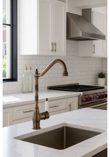 Rudi Armatür Eskitme Renk Pirinç Rustik Eviye Bataryası Metalik