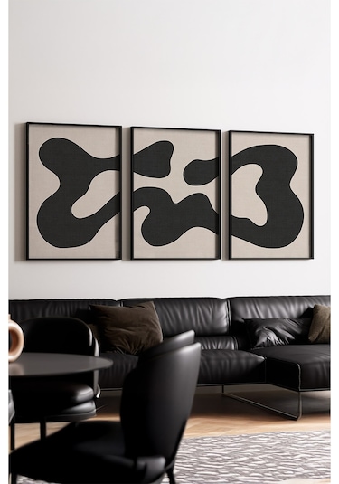 Huhuli Ahşap Siyah Çerçeveli Minimalist 3 Lü Tablo Huhu199