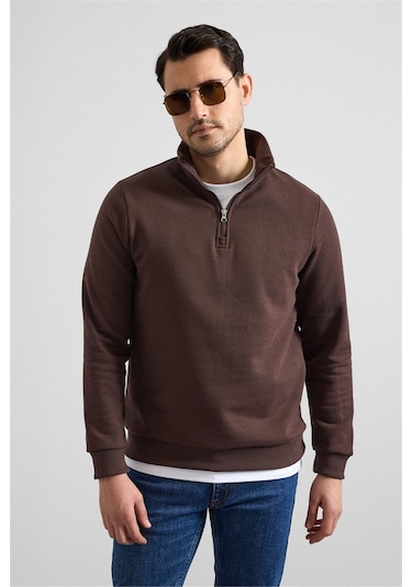 Süvari Koyu Kahve Regular Düz Yarım Balıkçı Yaka Sweatshirt Ssw2013700001-kh9 Koyu Kahverengi