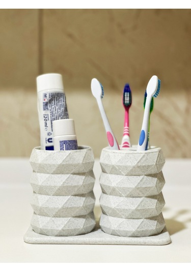 Modern Tasarım Ve Şık Diş Fırçalık Seti - Mermer Beyaz - 17cm Beyaz - Mermer