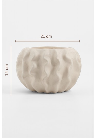 Tactus Oval Dalgalı Bej Seramik Dekoratif Vazo 21x14 Cm Bej