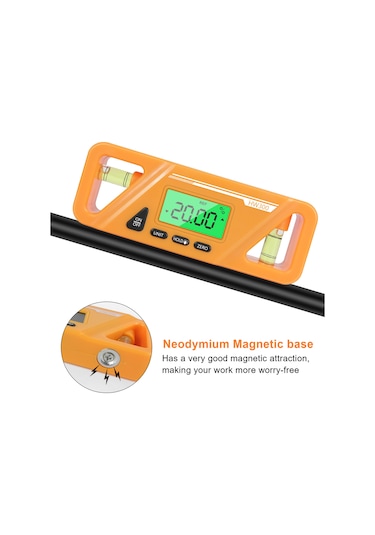 Xindoker Portatif Dijital Açı Ölçer, Eğim Ölçer Ve Su Terazisi, 90 Derece Manyetik Cetvel, Turuncu Renk, Hassas Ölçüm