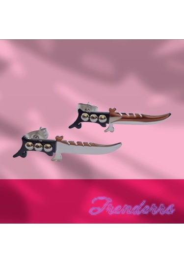 Tezzgelsin Unisex Hipoalerjenik Komando Bıçak Model Paslanmaz Çelik Küpe Siyah - Beyaz