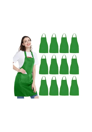 12 Paket Önlük - Unisex Siyah Önlük Toplu 2 Geniş Cepli Ma Yeşil, Diğer