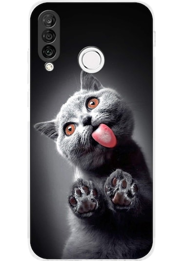 Huawei P30 Lite İle Uyumlu Kedi 2 Kamera Korumalı Şeffaf Kılıf Şeffaf