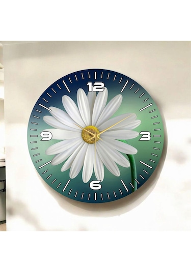 Renkli Baskı Çiçek Papatya Desenli Sayılı Hediyelik Ahşap Sessiz Duvar Saati 50cm ÇOk Renkli