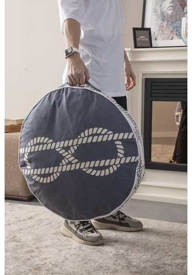 Çapa Desenli Taşınabilir Yuvarlak Puf Yer Minderi 60x60cm Balkon