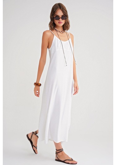 4742 Kadın İp Askılı Büzgü Detaylı Midi Elbise Beyaz Beyaz