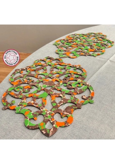 Uretti - Gülin 6449 - Ebru Sanatı İle Elde Yapılmış Lazer Kesim Keçe Supla 2li Takım 40cm - Kahverengi Çok Renkli