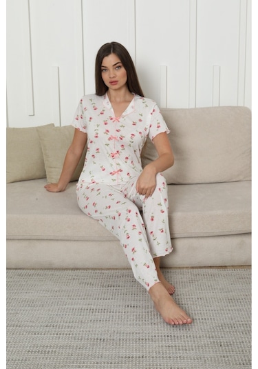 Kadın Örgü Kumaş Blue Flower Pattern Kısa Kol Pijama Takımı Kırmızı