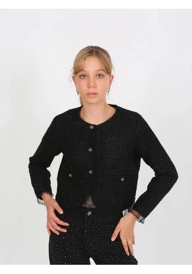 Kız Çocuk Siyah Simli Tüvit Ceket-15235 Siyah