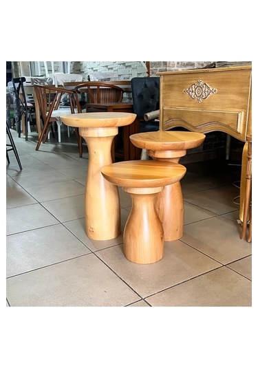 Ahşap 3 Lü Set Fitilli Mantar Yan Sehpa Modern Fiskos / Çiçeklik