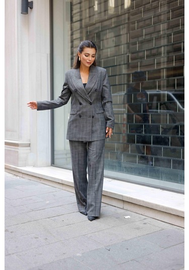 6 Düğmeli Kruvaze Ekose Takım Gri Gri