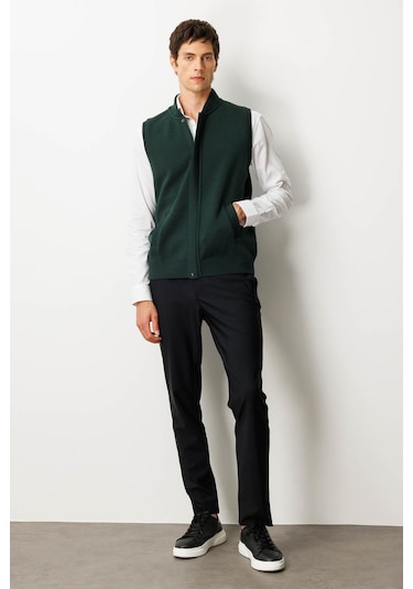 Erkek Hakim Yaka Çelik Örgü Yün Yelek Yeşil Yeşil