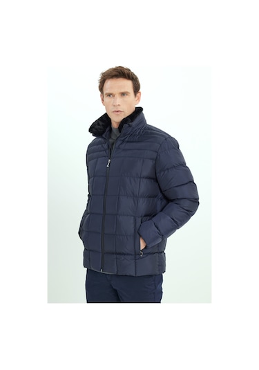 AC&Co / Altınyıldız Classics Erkek Lac Sıcak Tutan Elyaf Dolgulu Standart Fit Normal Kesim Dik Yaka Yan Cepli Şişme Mont Lac Lacivert