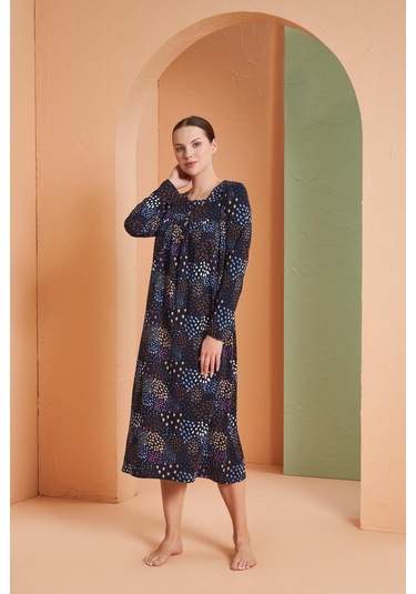 Pjs Kadın Desenli Yuvarlak Düğmeli Yaka Uzun Kollu Gecelik Lacivert