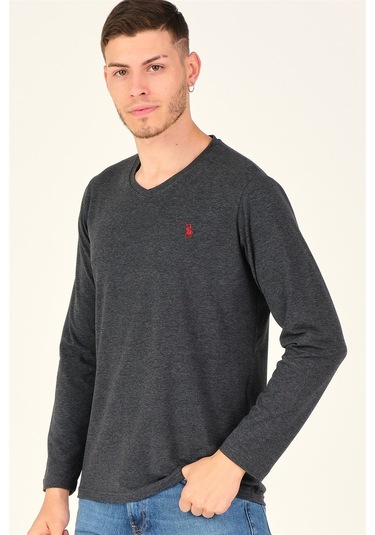T8587 Dewberry V Yaka Erkek Uzun Kol T-shırt-koyu Antrasit Koyu Antrasit