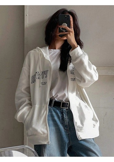 Relax&Basic Ünisex Basic Slim Fit Kapüşonlu Fermuarlı Cepli Sweatshirt Bej Bej Beyaz