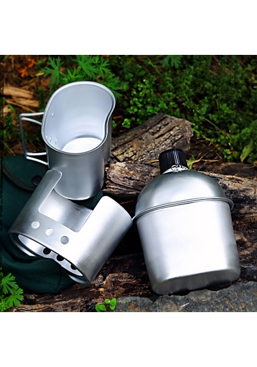 Teltree Alüminyum Kamp Mutfak Seti: 850ml Kanteen, 600ml Bardak Ve Odun Ocağı - Doğa Maceraları İçin Gümüş