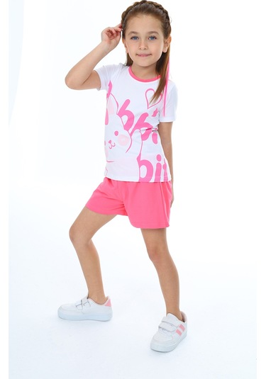 Toontoy Kız Çocuk Garnili Tavşan Baskılı Şortlu Takım Fuşya