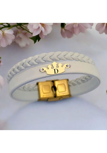 Archin D Harfine Özel Taç Motifli 14 Ayar Altın Plakalı Hakiki Beyaz Derili Hediye Bileklik-645harf D