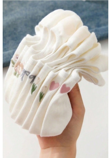 Kadın 5 Çift Premium Fiyonk Çiçek Ve Kalp Desenli Babet Çorap Seker Beyazı ASORTİ