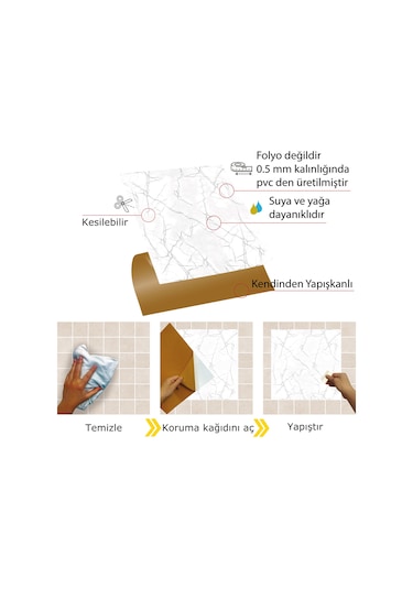Tink KENDİNDEN YAPIŞKANLI SİLVER MERMER DESENLİ PVC KARO 30X30 CM