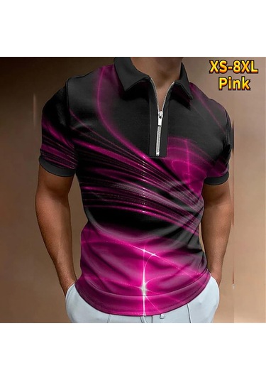 Pembe Rahat Yaka T-shirt Genç Erkek Moda Fermuar Kısa Kollu Tişört Erkek 3d Kırmızı Işık Dalga Baskı T Gömlek Pembe