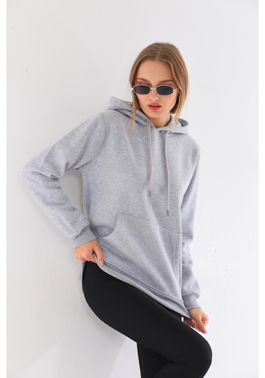 Everest Everst Kapüşonlu 3 İplik Şardonlu Kanguru Cepli Sweatshirt Gri