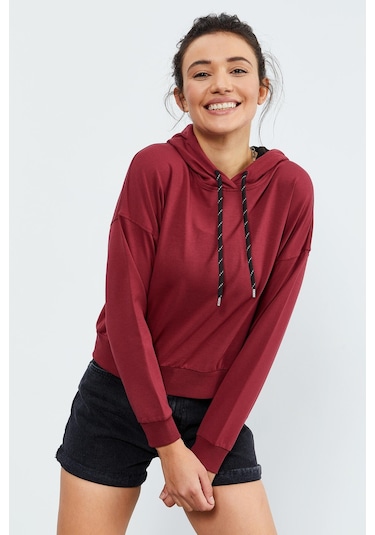 Tommy Life Bordo Uzun Kol Rahat Form Kapüşonlu Kadın Sweatshirt - 97115 Bordo