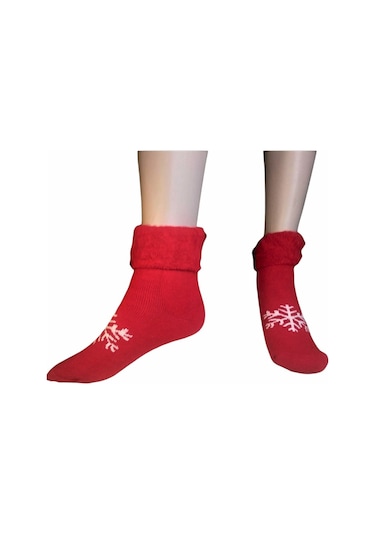 Kadın Kışlık Termal Yılbaşı Temalı Polar Çorap Kırmızı