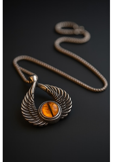 Dragon Eye Modeli Kanat Tasarımlı Sarı Göz Kolyeli Antik Çelik Erkek Kadın Kolye Gri - Sarı