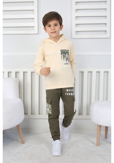 Moving Forward Kargo Cep Kapüşonlu 2 İplik Şardonlu Alt-üst Erkek Çocuk Eşofman Takımı Ekru