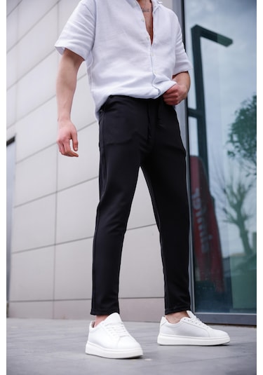 Erkek Siyah Renk Likralı Kumaş Jogger Pantolon-1760 Siyah