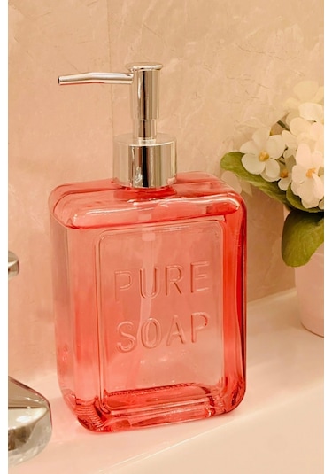Makri Home Renkli Cam Sıvı Sabunluk, 500 Ml, Pembe Pembe