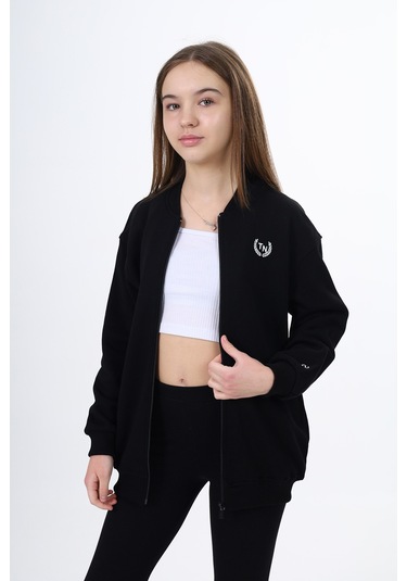 Toontoy Kız Çocuk Kolej Yaka Fermuarlı Cepli Düşük Omuz Baskılı Örme Hırka - 2 İplik Şardonlu Siyah