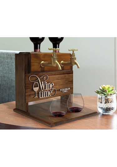 Bk Gift Kişiye Özel Kabartma İsimli Çift Musluklu Doğal Ahşap Şarap Standı, İçki Standı, Doğum Günü Hediyesi, Ev Hediyesi, Erkek Hediye-7