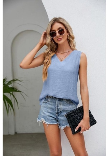 Novahub Yaz Kadın Yelek Tank Top Bol V Yaka Kolsuz Üst Pembe - S Pembe