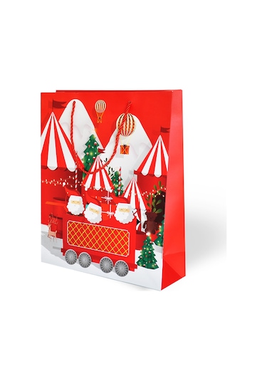 Yılbaşı Temalı Lüks Karton Çanta Varak Baskılı Kırmızı 26x32 1 Adet