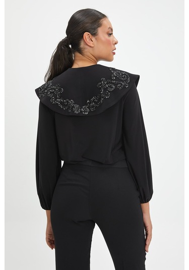 Parıltılı İşlemeli Zarif Yaka Tasarımlı, Balon Kollu Şık Bluz - Özel Günler Ve Günlük Kullanım İçin İdeal Siyah