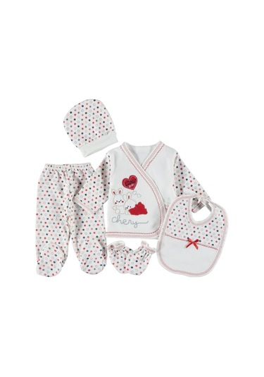 0-3 Aylık 5 Li Tavşan Nakışlı Zıbın Seti Hastane Çıkış Seti %100 Pamuklu Kutusuz Kırmızı