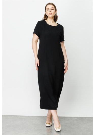 Moda İlgi Kadın Büyük Beden Kısa Kollu Uzun Elbise 8002 Siyah Siyah