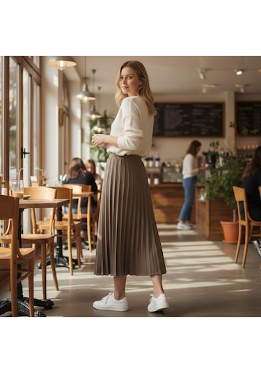 Eren Style Pileli Pamuklu Diyagona Beli Lastikli Etek 95 Cm - 38-50 Krem