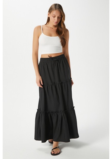 Kadın Elanora Siyah Astarlı Katlı Poplin Etek Siyah