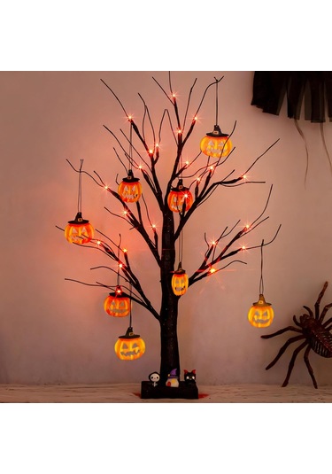 Cadılar Bayramı Ev Dekorasyonu, 24 Turuncu Işık Ve 8 Balkabağı Süsüyle 2 Ft Cadılar Bayramı Ağacı, Işıklı Cadılar Bayramı Süslemeleri Siyah Ağaç Çok Renkli